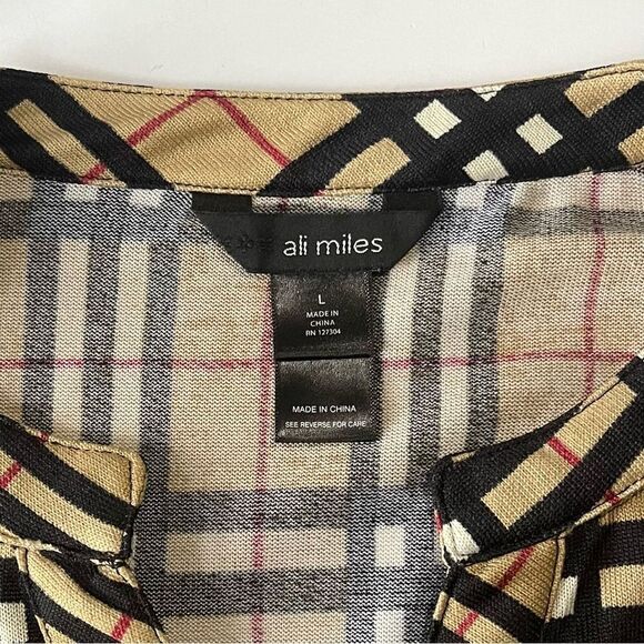 Ali Miles Plaid Blouse Camel Black Red Check Long Roll Up Tab Sleeve Tunic Large - Picture 6 of 8